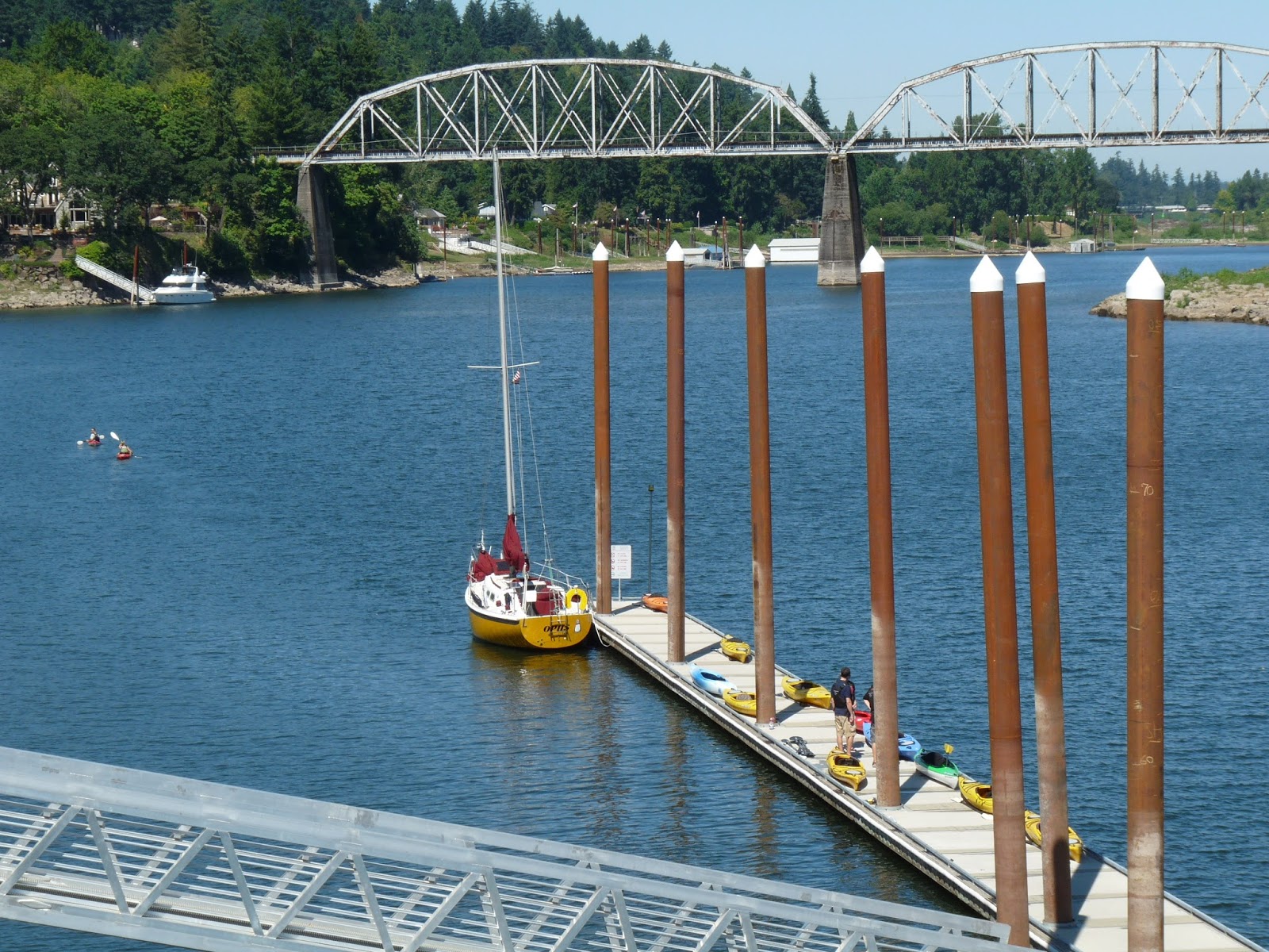 View of Willamette River, Portland Oregon with a dock and kayaks in the foreground for a company picnic