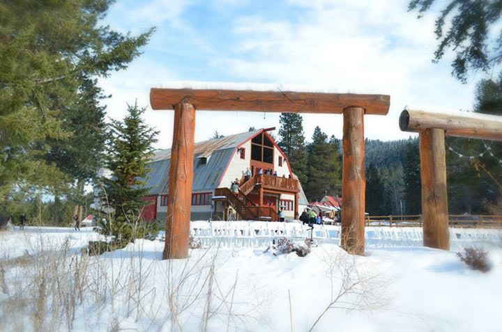 barn house in winter, trees and snow