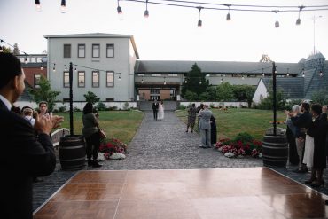 a charming courtyard at Lewis and Clark College, Portland Oregon, where a wedding is being held