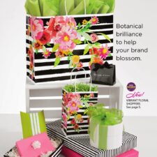several packages and bags used in retail, with pink, green, and striped motifs