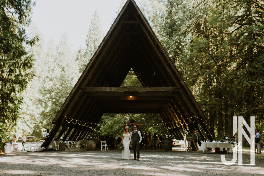 Wedding planning photo of a wedding couple in front of an A-frame structure in the forest