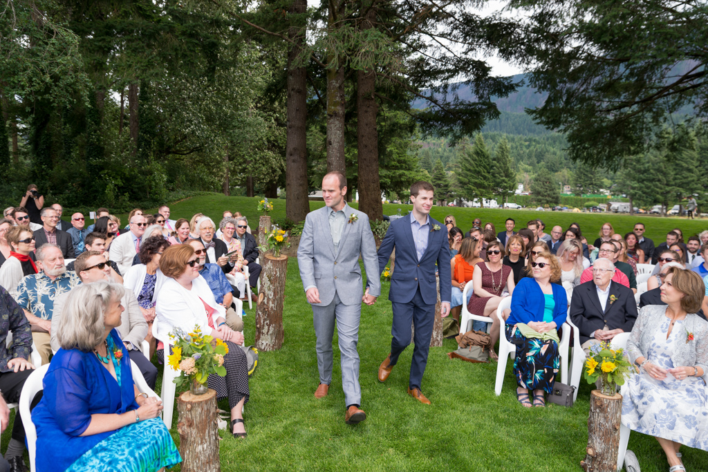 Two grooms ceremony walk - Columbia River Gorge Wedding