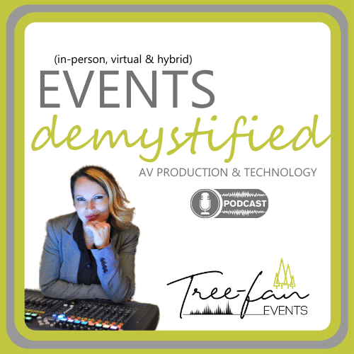 Image ID: a banner with the text "Events:Demystified", and an image of a woman in business attire with her hand on her chin, leaning on a sound mixing board. This is one of the popular event planner podcasts available.