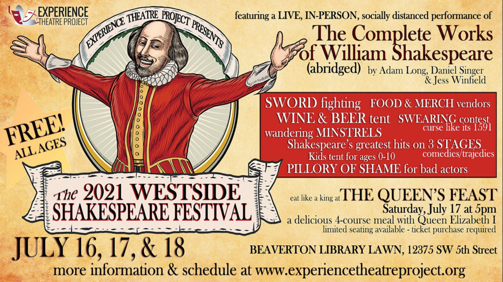 Image ID: a Banner showing an illustration of William Shakespeare with text showing the date of the event: July 16-18, 2021.
