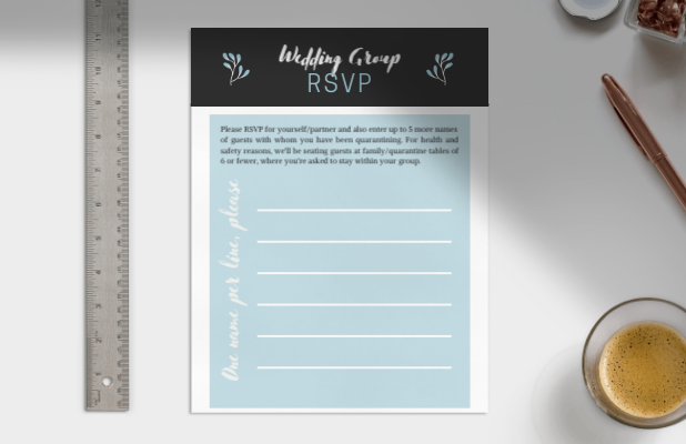 Image ID: an event RSVP card sitting on a desktop surrounded by a ruler, pen, and coffee cup.
