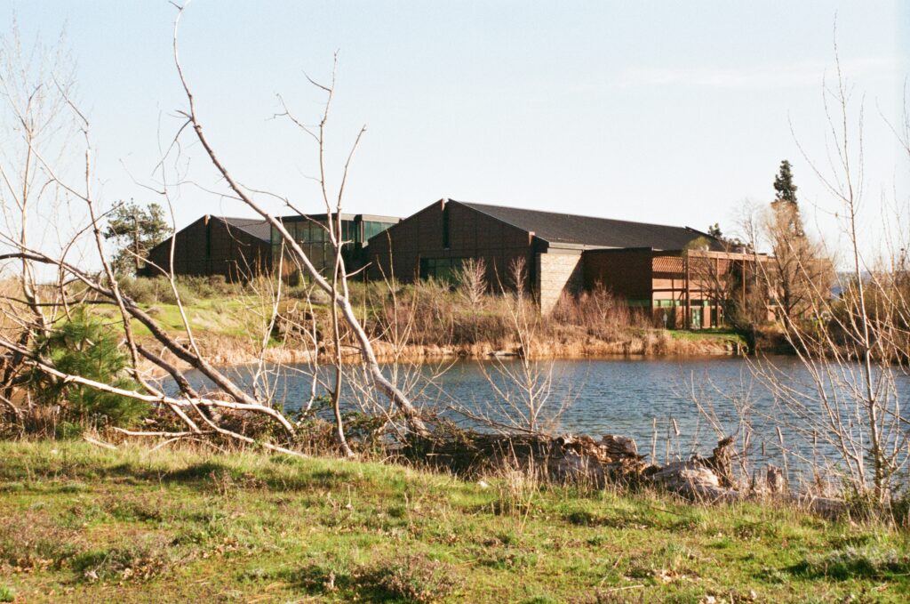 Exterior of Discovery Center, as seen from across a small pond